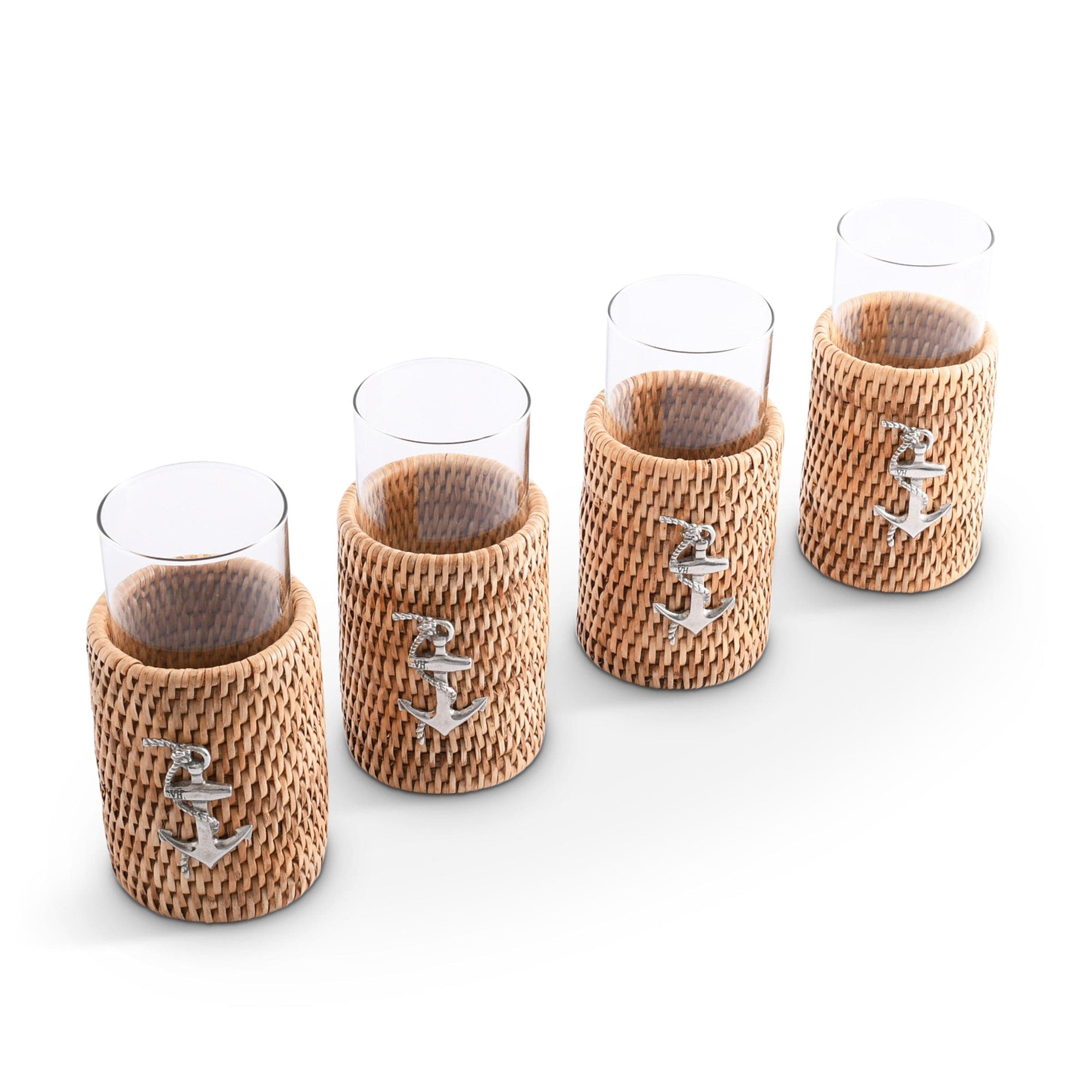 Vagabond House Sea and Shore Anchor Drinking Glass Covered with Hand Woven Wicker Rattan - Set of 4