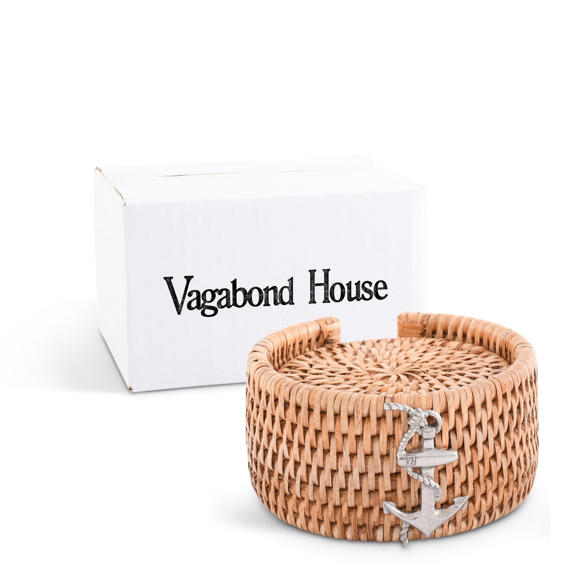 Vagabond House Sea and Shore Anchor Hand Woven Wicker Rattan Coaster Set - 6 Coasters