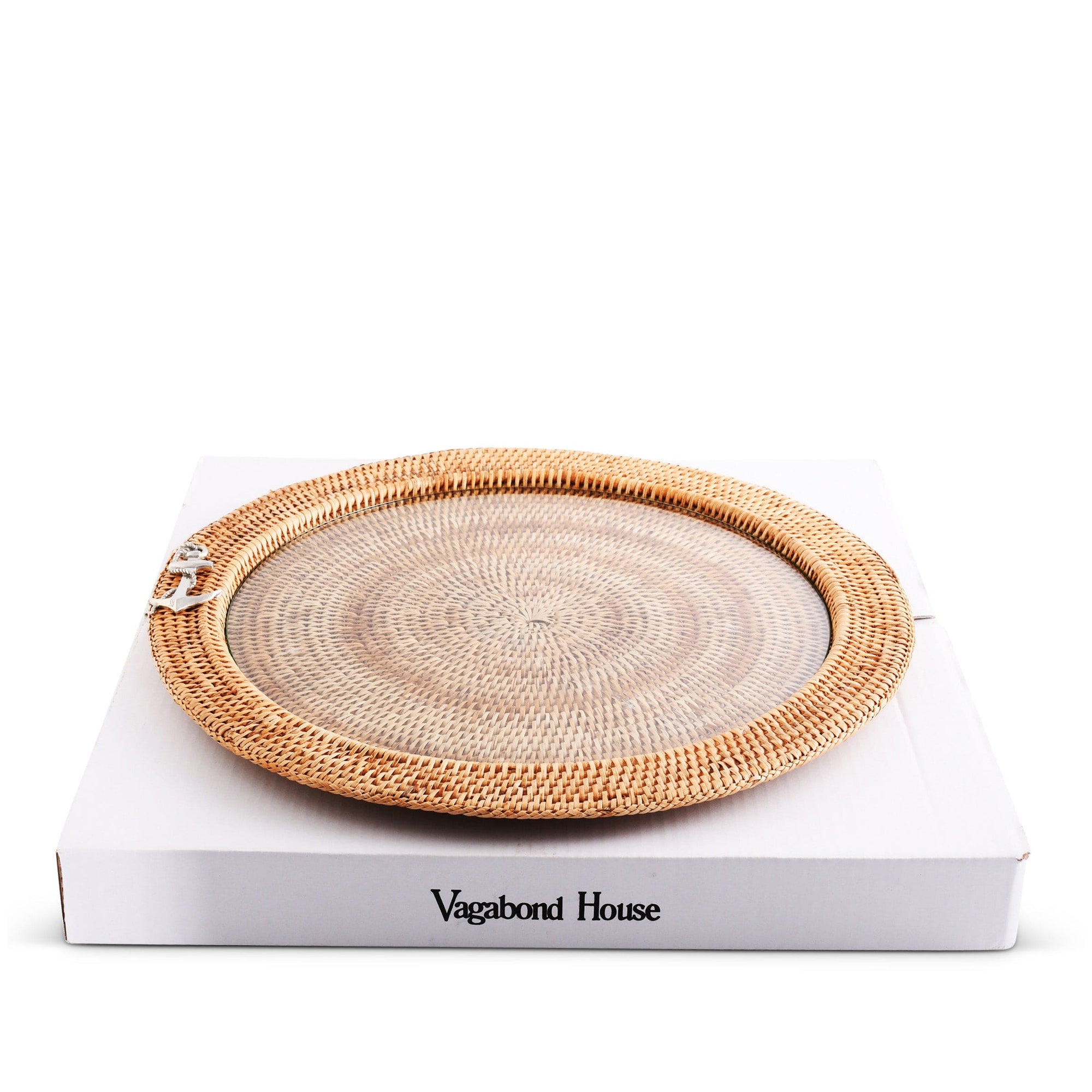 Vagabond House Sea and Shore Anchor Round Serving Tray Hand Woven Wicker Rattan - Glass Insert