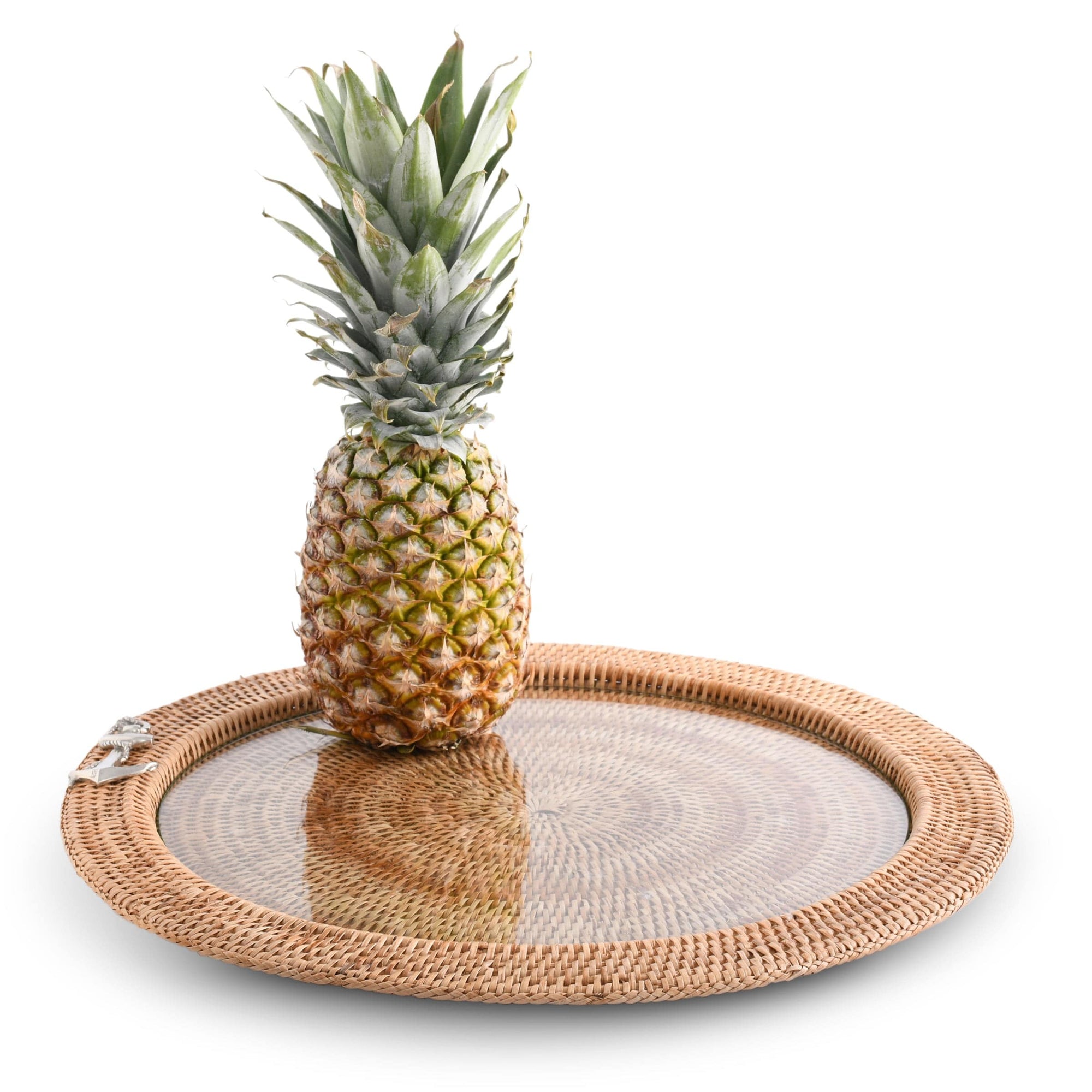 Vagabond House Sea and Shore Anchor Round Serving Tray Hand Woven Wicker Rattan - Glass Insert