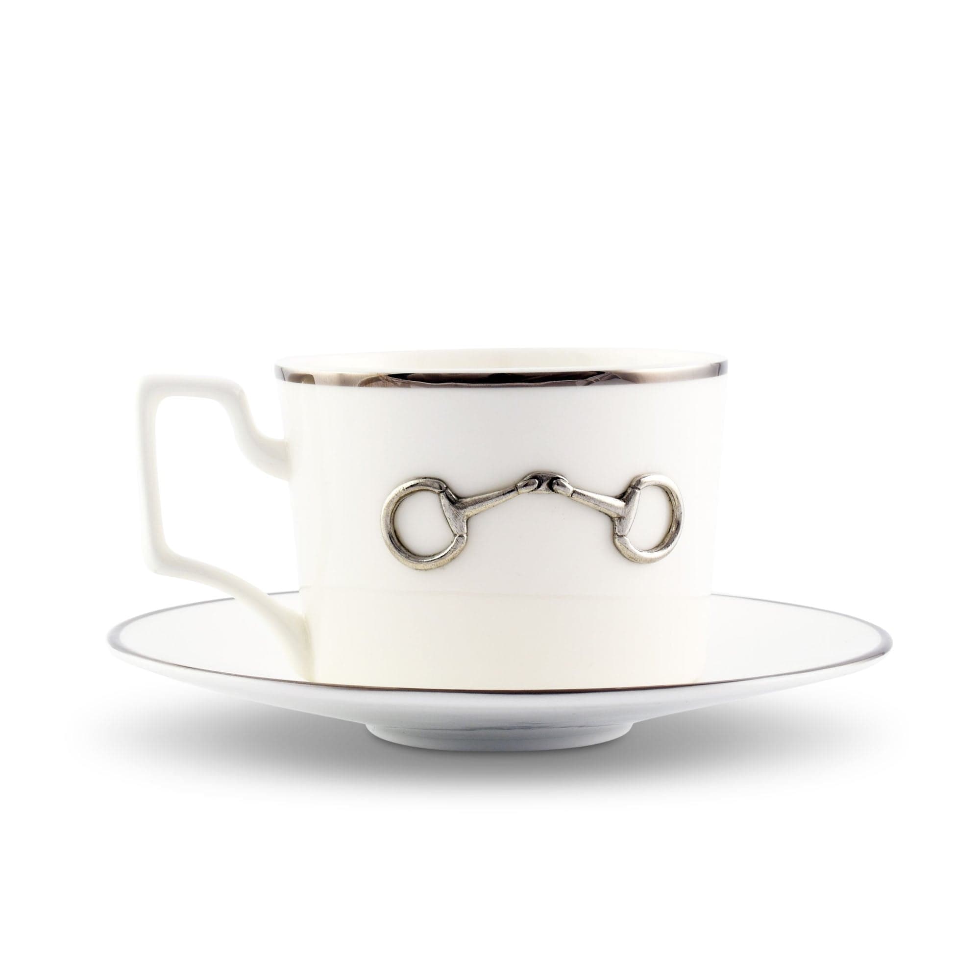 Vagabond House Equestrian Pewter Bit Bone China Cup and Saucer Platinum Rim