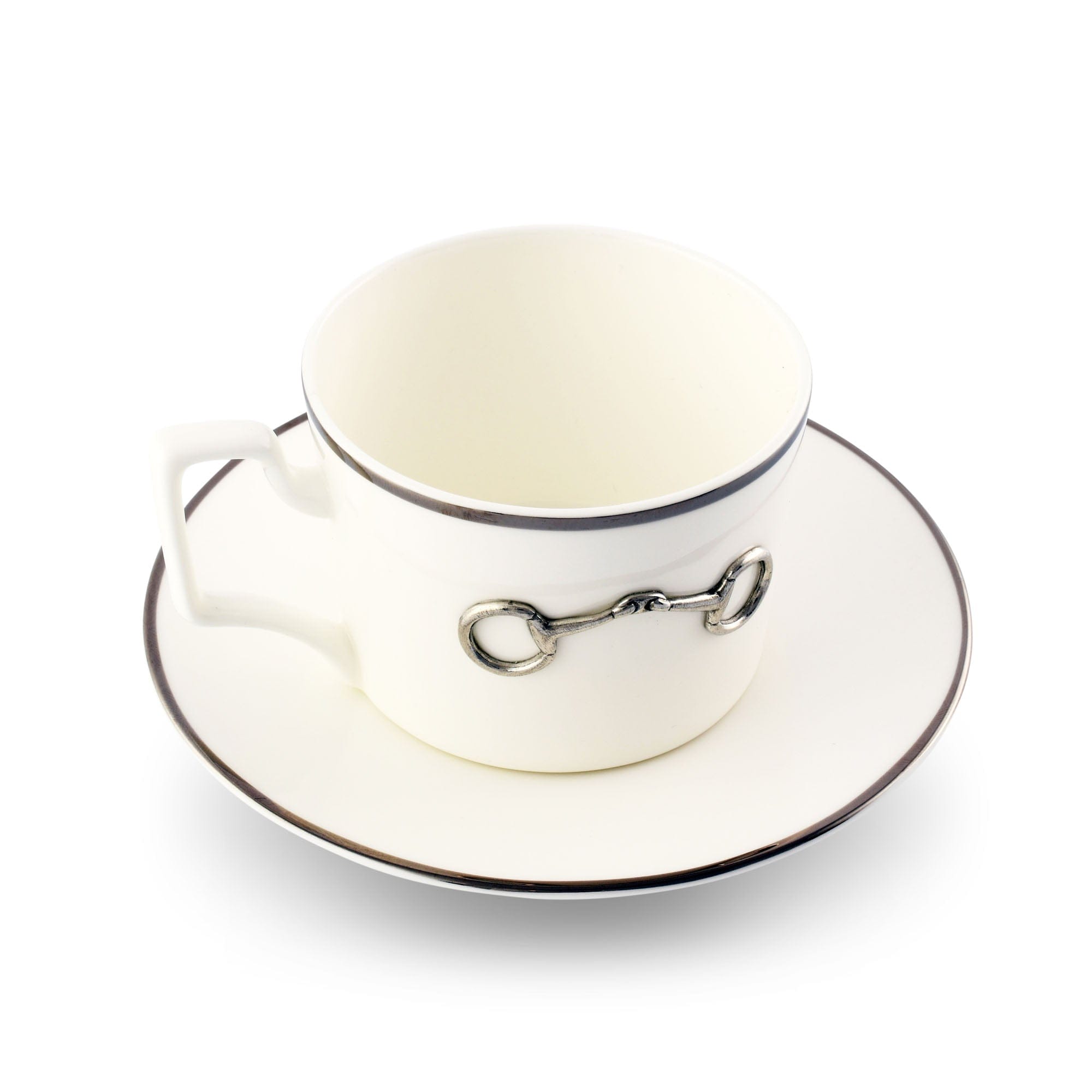 Vagabond House Equestrian Pewter Bit Bone China Cup and Saucer Platinum Rim