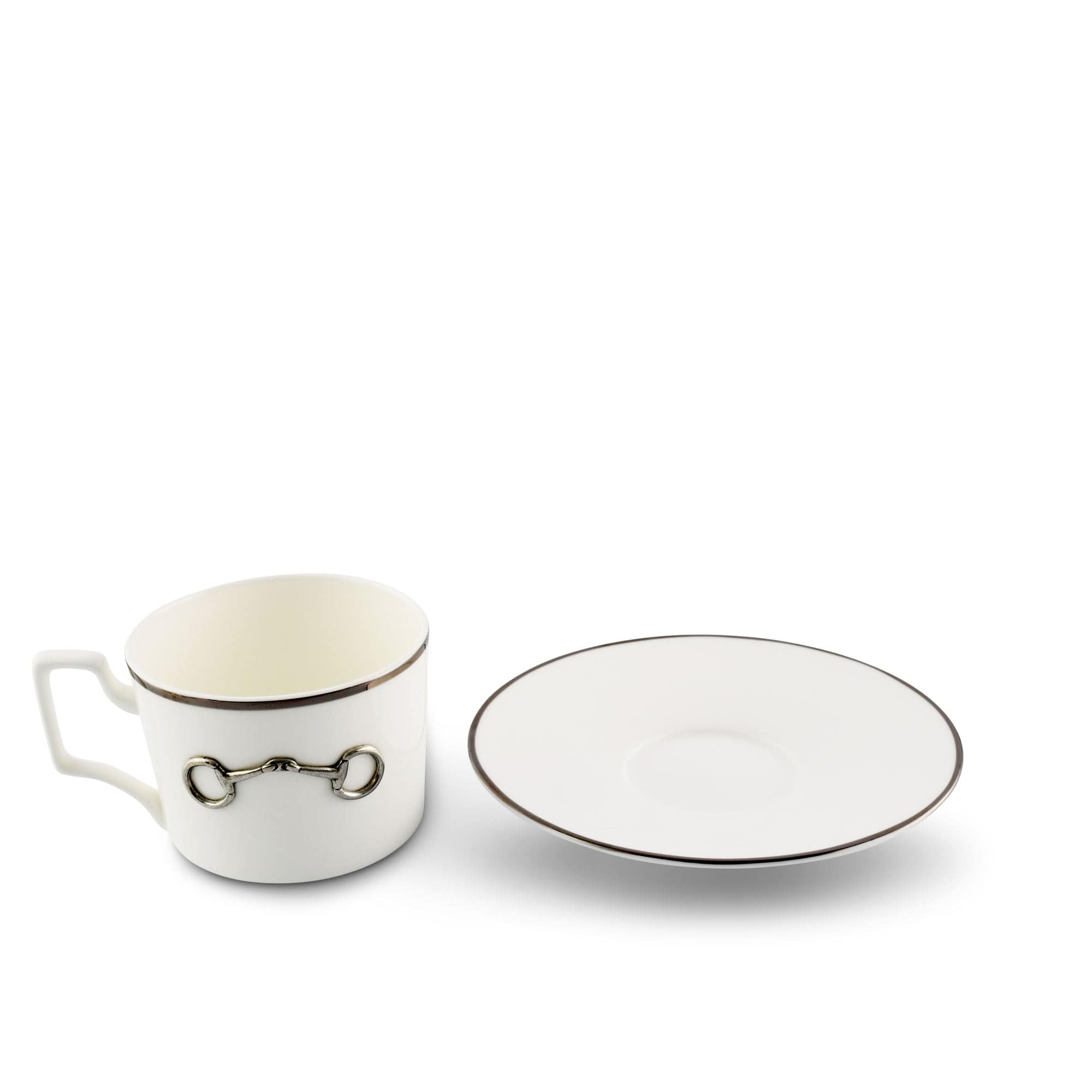 Vagabond House Equestrian Pewter Bit Bone China Cup and Saucer Platinum Rim