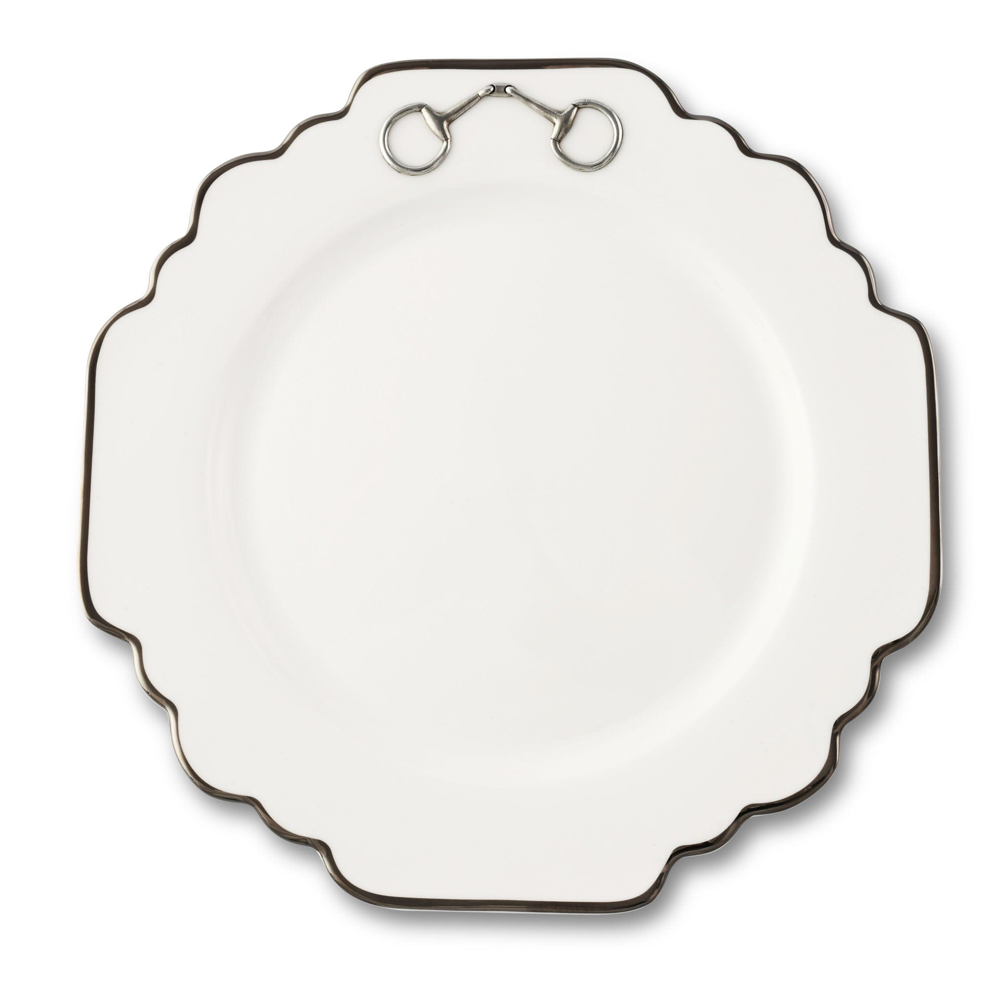 Vagabond House Equestrian Pewter Bit Bone China Scallop Dinner Plate Platinum Rim