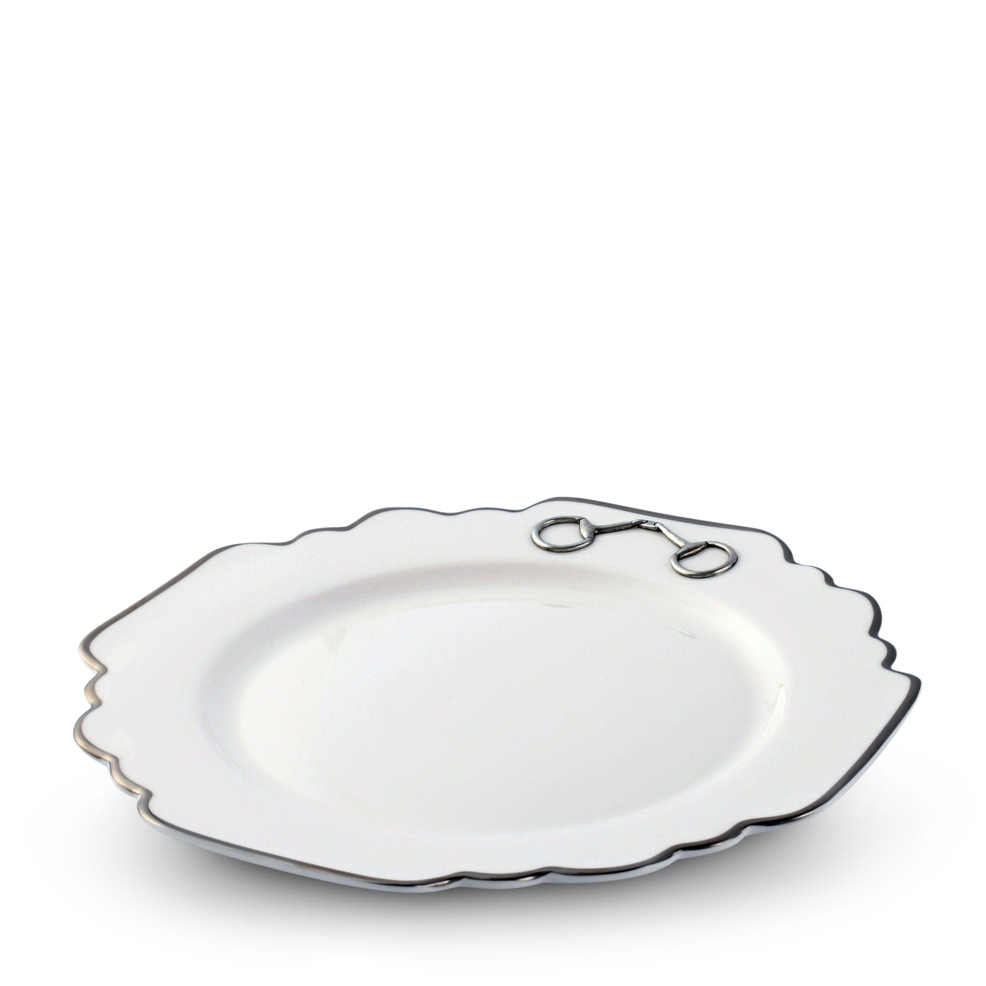 Vagabond House Equestrian Pewter Bit Bone China Scallop Dinner Plate Platinum Rim