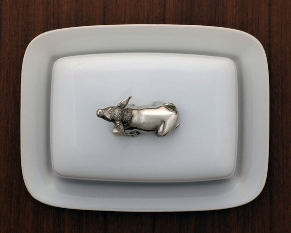 Stoneware Butter Dish with Pewter Mabel the Cow