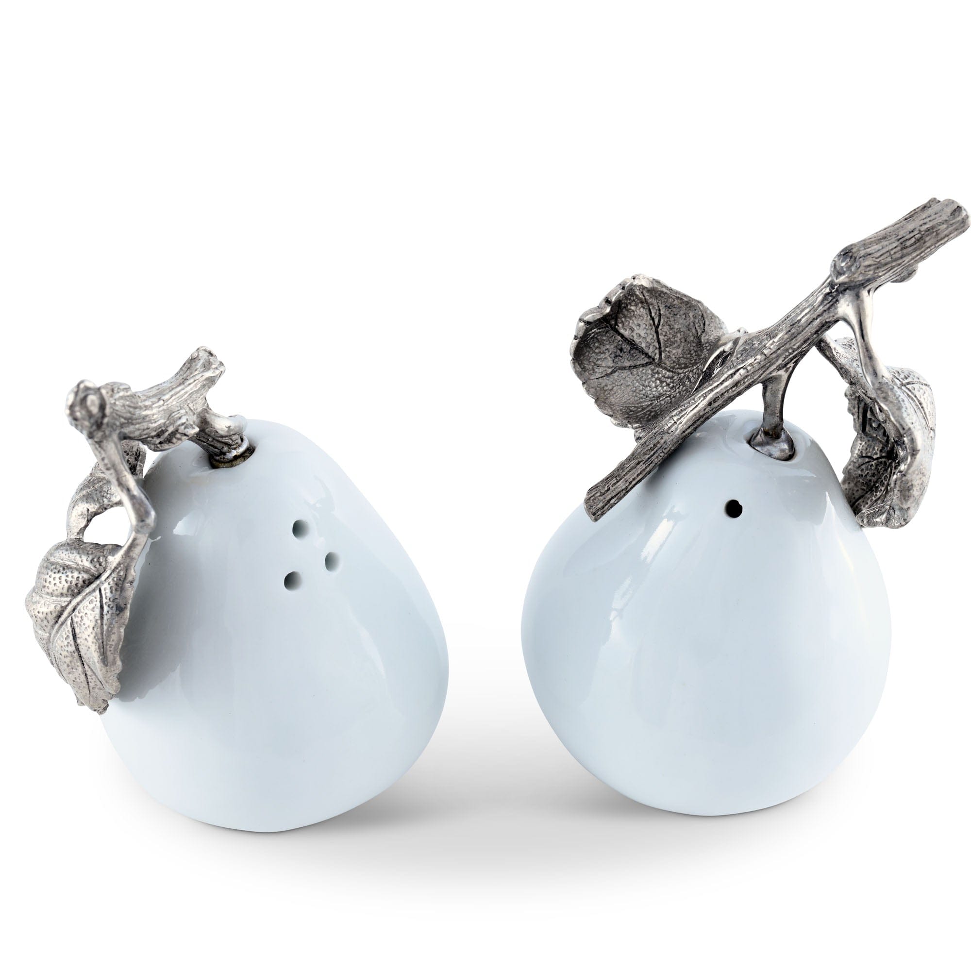 Vagabond House Harvest Porcelain Pear Salt and Pepper with Pewter Leaf