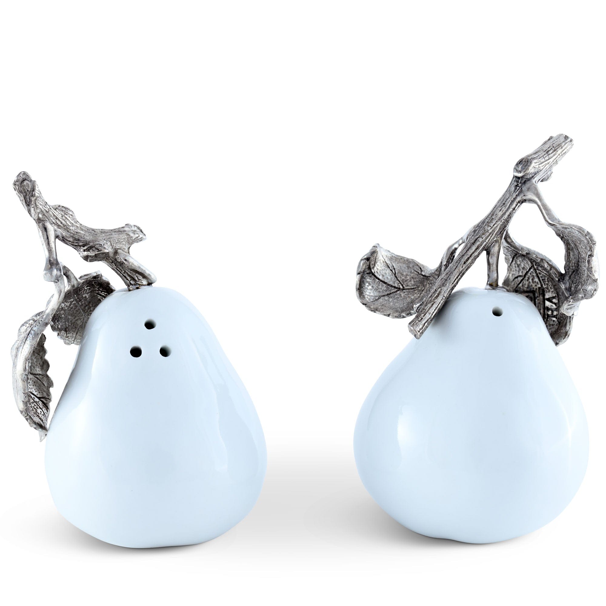 Vagabond House Harvest Porcelain Pear Salt and Pepper with Pewter Leaf