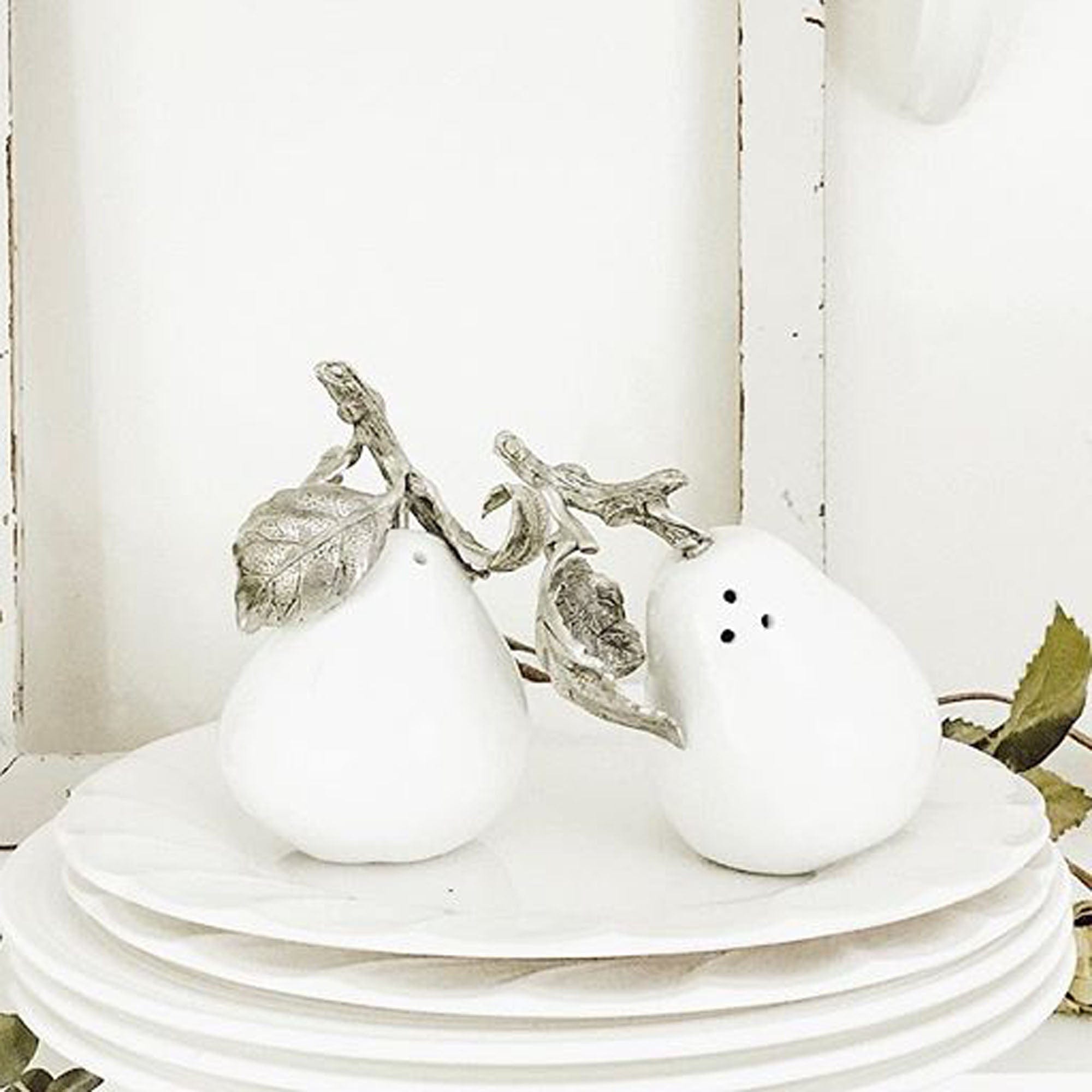 Vagabond House Harvest Porcelain Pear Salt and Pepper with Pewter Leaf