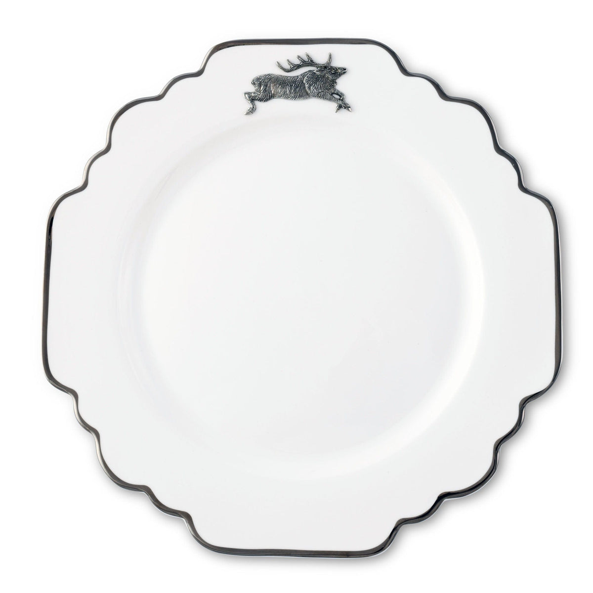 Vagabond House Lodge Style Running Elk Bone China Scallop Dinner Plate Platinum Rim